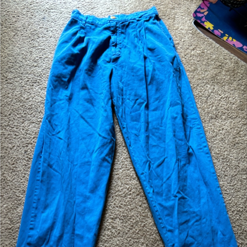 Big Bud Press Trousers Blue Medium Pleated Elastic Waist Straight Leg High Rise
